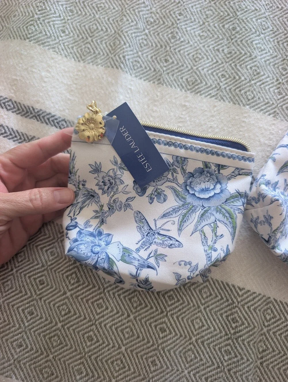 Two Estee Lauder Cosmetic Pouches Blue and White Toile New